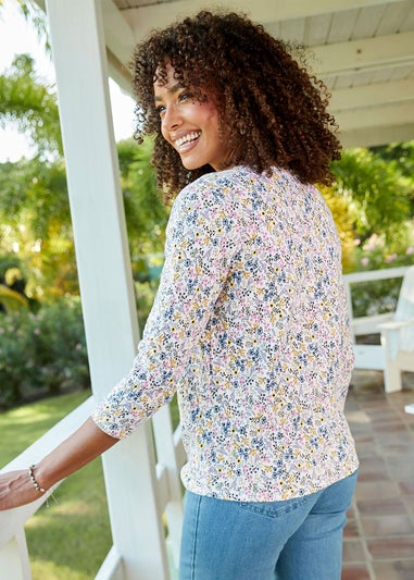 Cotton Traders Washed Iris 3/4 Sleeve Tie Waist Print Textured Top