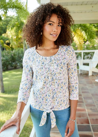 Cotton Traders Washed Iris 3/4 Sleeve Tie Waist Print Textured Top