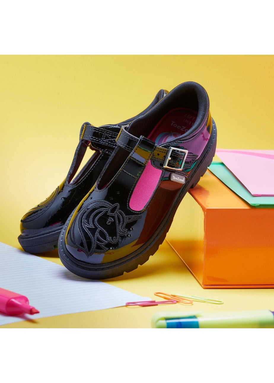 ToeZone Girls Black Luna Patent Unicorn Buckle School Shoe