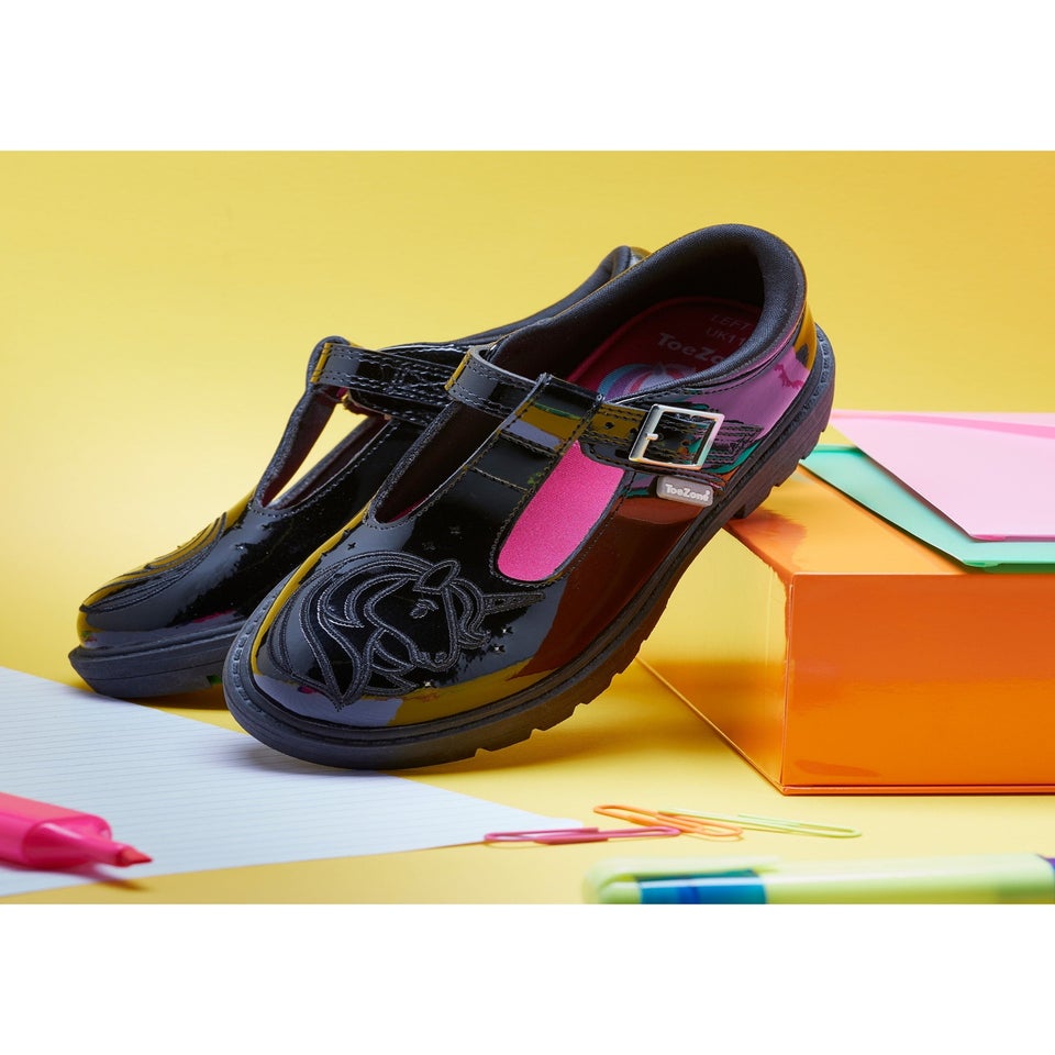 ToeZone Girls Black Luna Patent Unicorn Buckle School Shoe