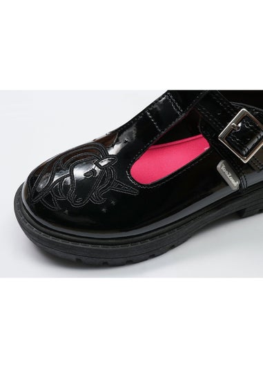 ToeZone Girls Black Luna Patent Unicorn Buckle School Shoe