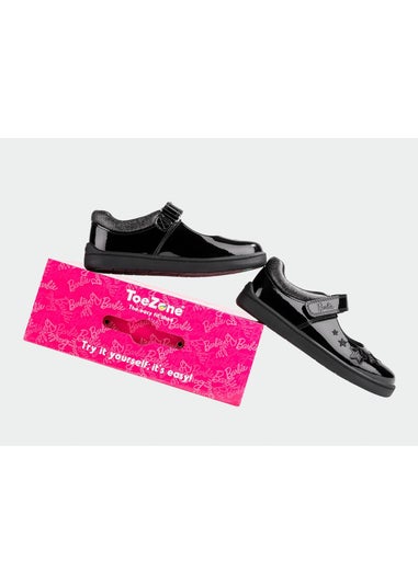 ToeZone Girls Black Barbie Patent Rip Tape School Shoe