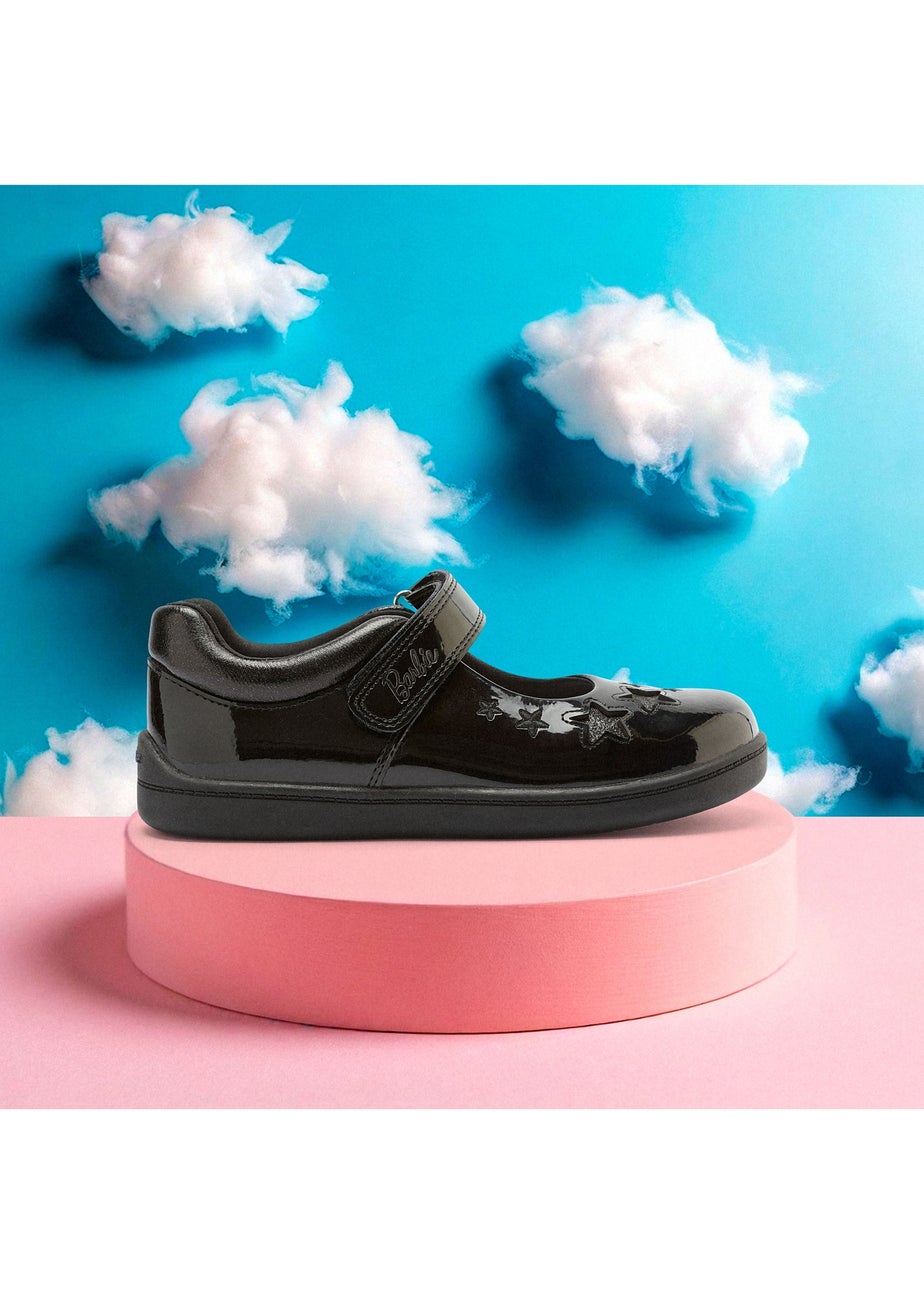 ToeZone Girls Black Barbie Patent Rip Tape School Shoe
