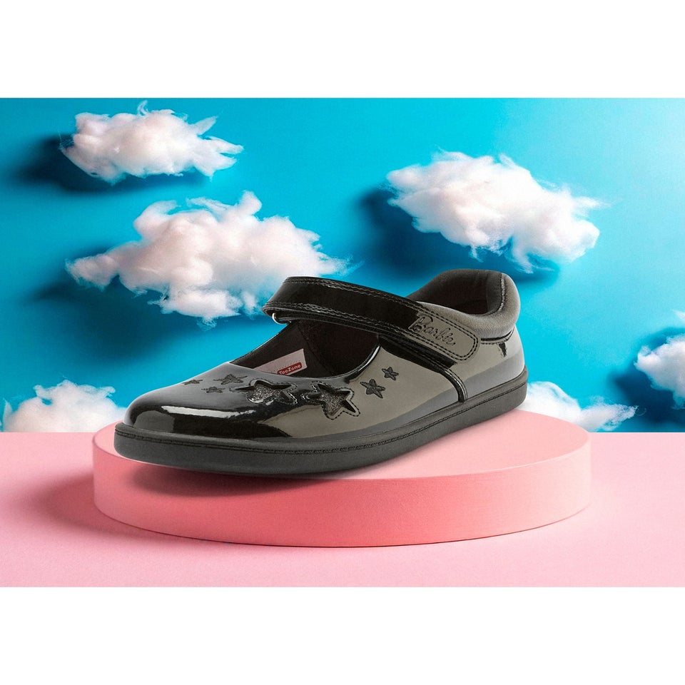 ToeZone Girls Black Barbie Patent Rip Tape School Shoe