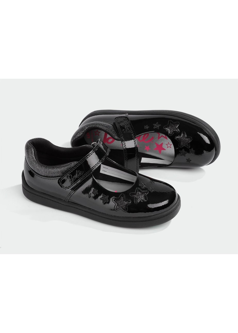 ToeZone Girls Black Barbie Patent Rip Tape School Shoe