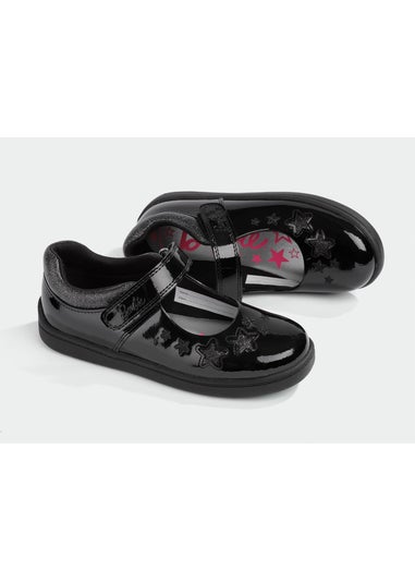 ToeZone Girls Black Barbie Patent Rip Tape School Shoe