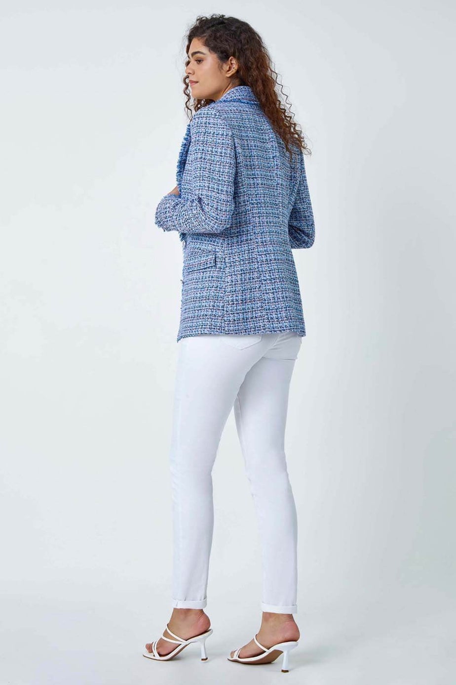 Roman Blue Frayed Edge Boucle Check Jacket