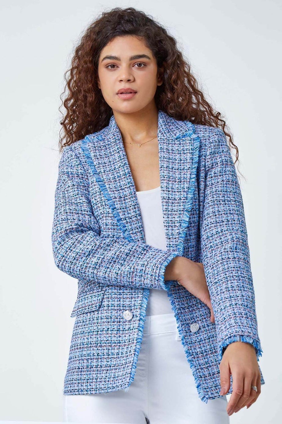 Roman Blue Frayed Edge Boucle Check Jacket