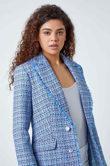 Roman Blue Frayed Edge Boucle Check Jacket