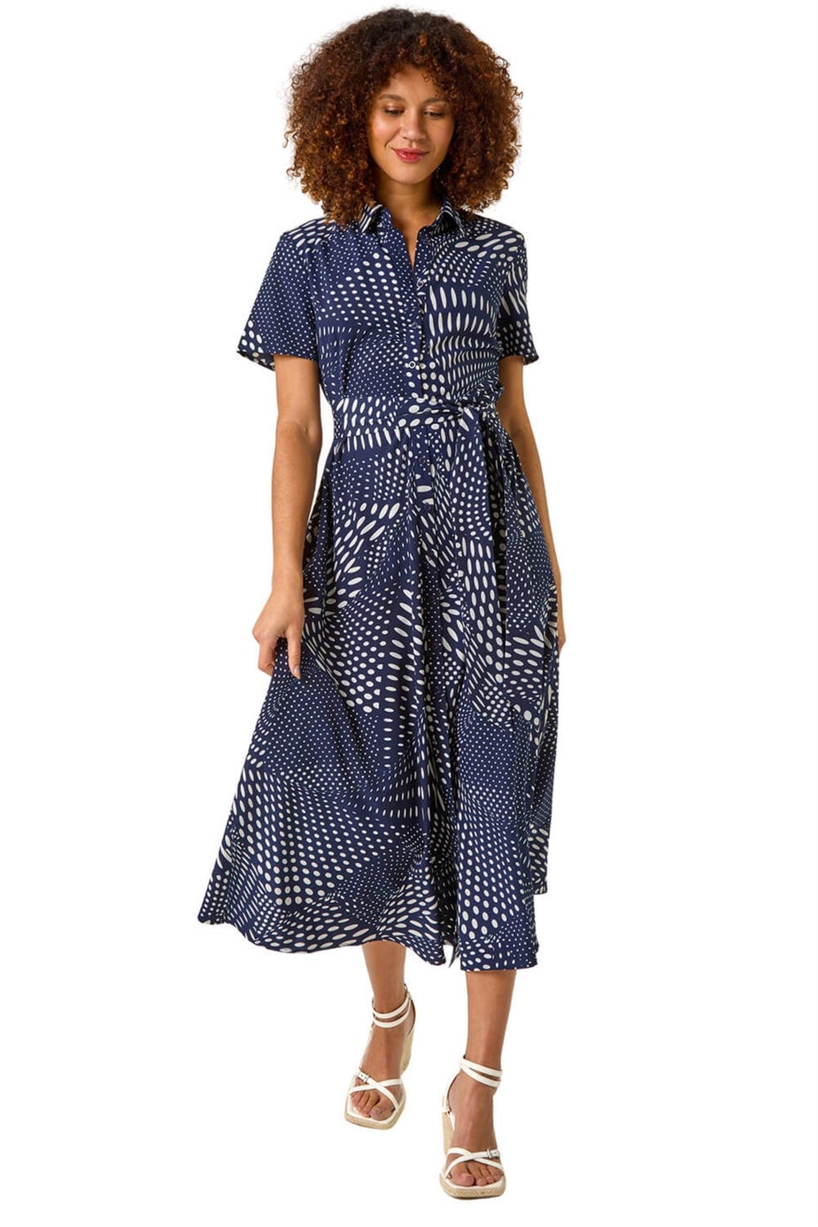 Roman Navy Spot Print Shirt Midi Dress