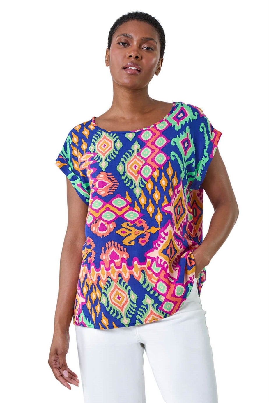 Roman Blue Aztec Print Short Sleeve Top