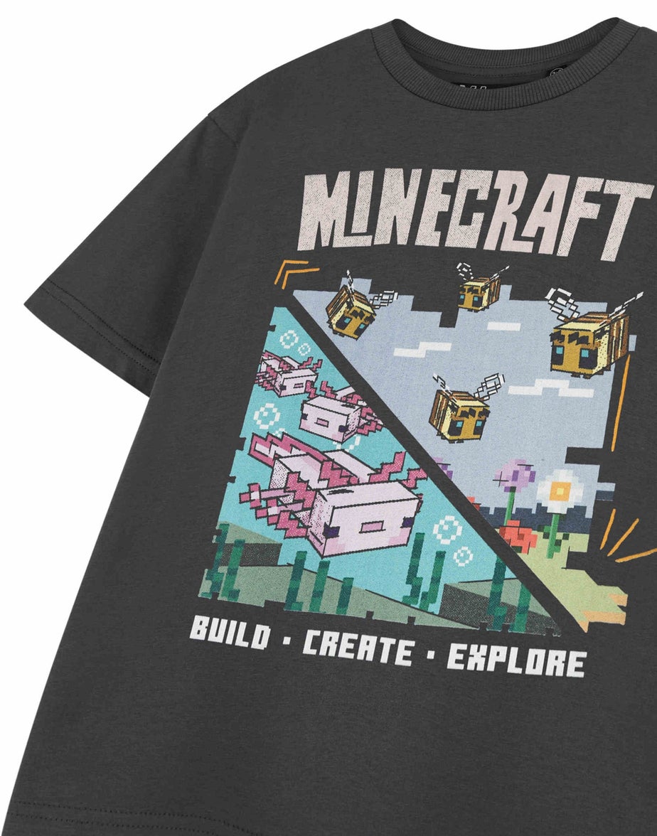Vanilla Underground Minecraft Kids Grey Build Create Explore T-Shirt (3-14 Years)