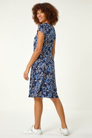 Roman Navy Floral Print Tea Dress