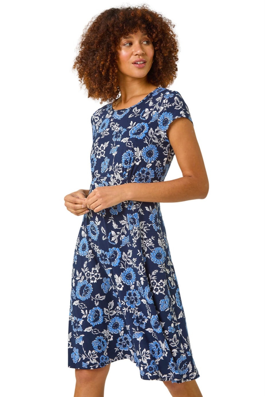 Roman Navy Floral Print Tea Dress