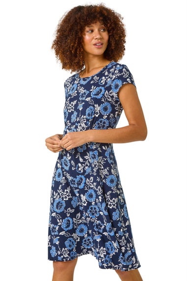 Roman Navy Floral Print Tea Dress