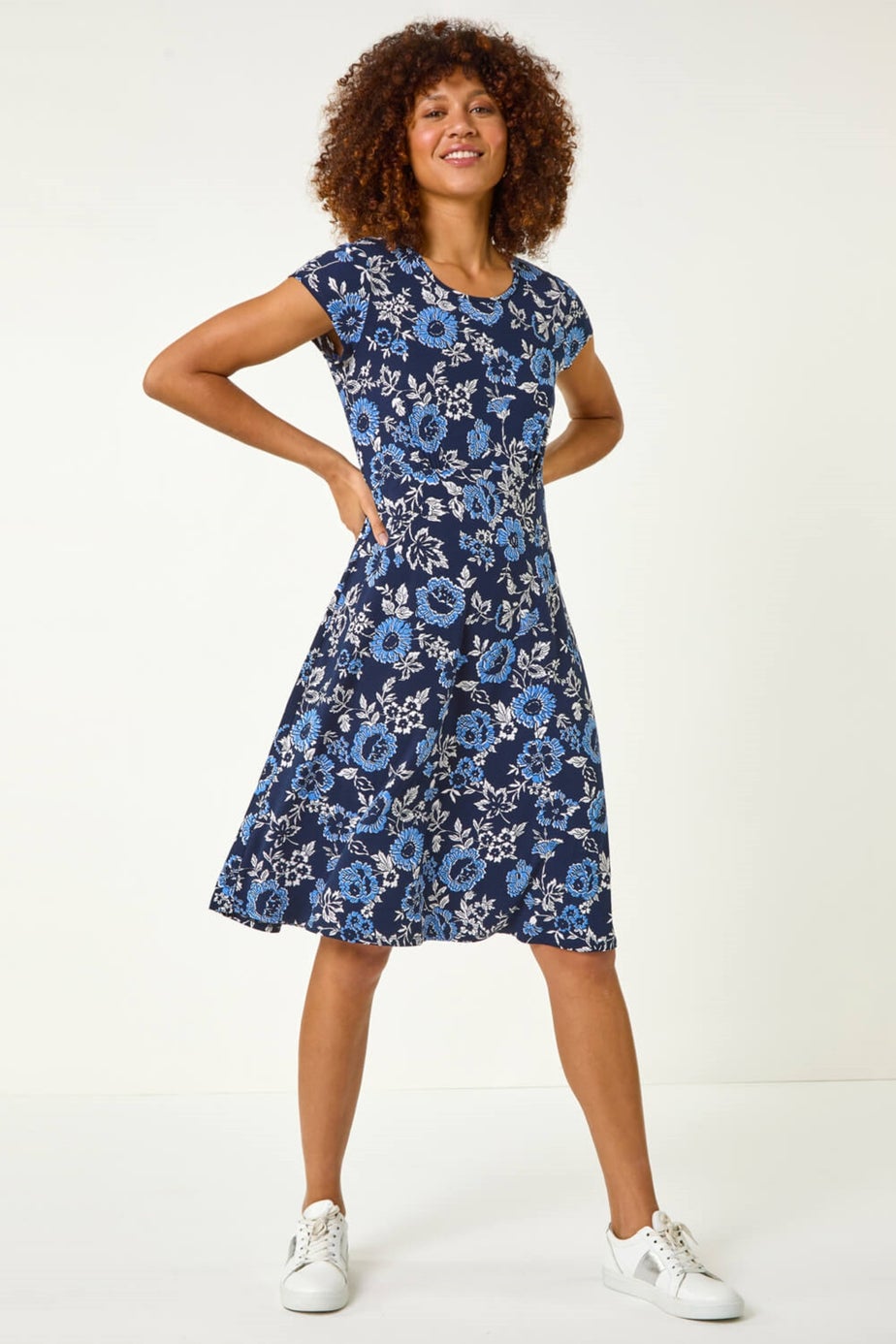 Roman Navy Floral Print Tea Dress