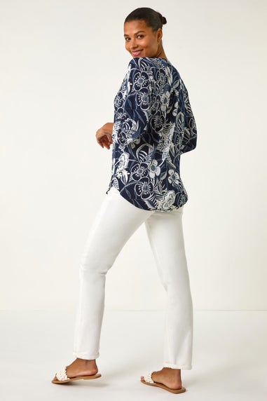 Roman Navy Textured Floral Print V-Neck Stretch Shirt