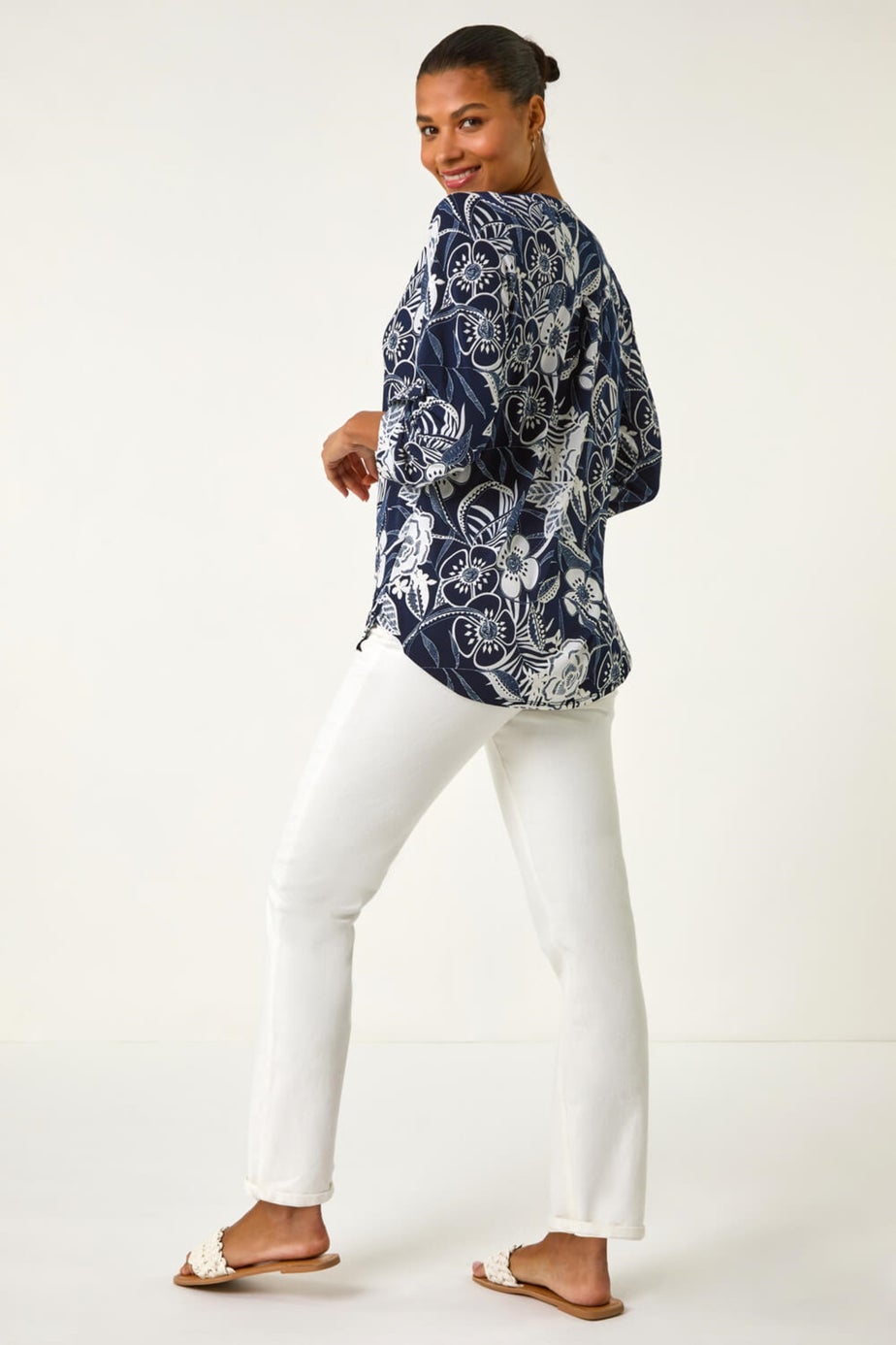 Roman Navy Textured Floral Print V-Neck Stretch Shirt
