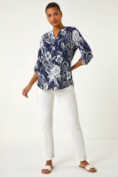Roman Navy Textured Floral Print V-Neck Stretch Shirt