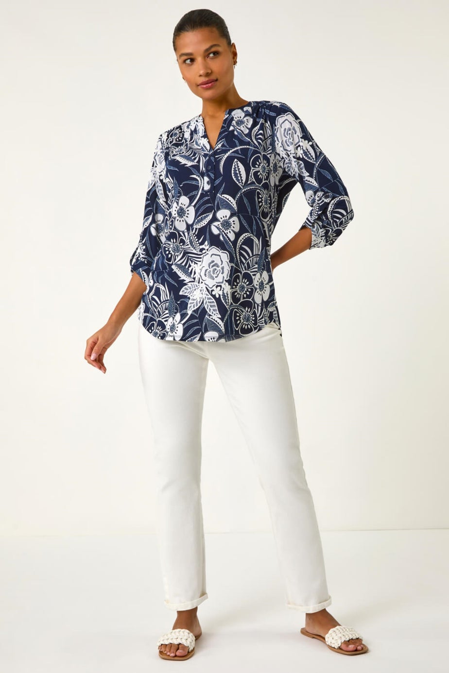 Roman Navy Textured Floral Print V-Neck Stretch Shirt