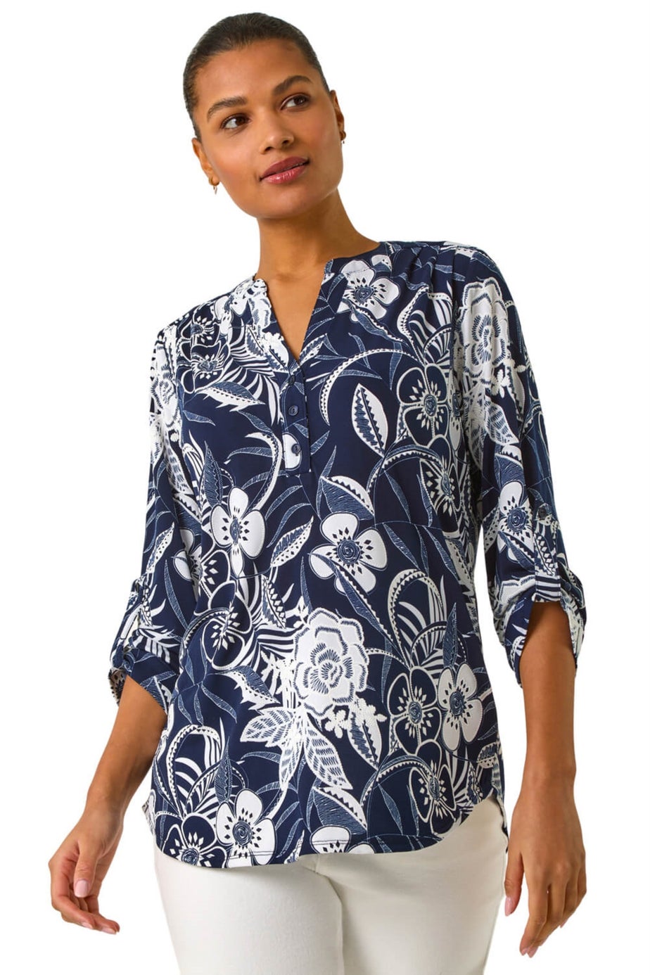 Roman Navy Textured Floral Print V-Neck Stretch Shirt