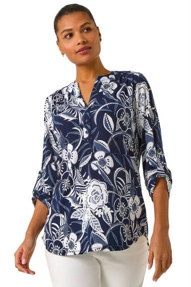 Roman Navy Textured Floral Print V-Neck Stretch Shirt