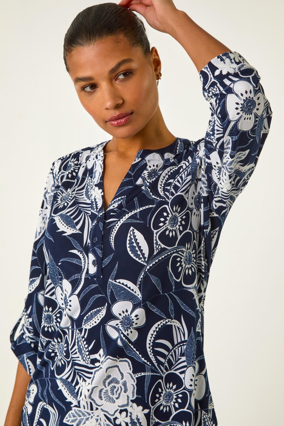 Roman Navy Textured Floral Print V-Neck Stretch Shirt