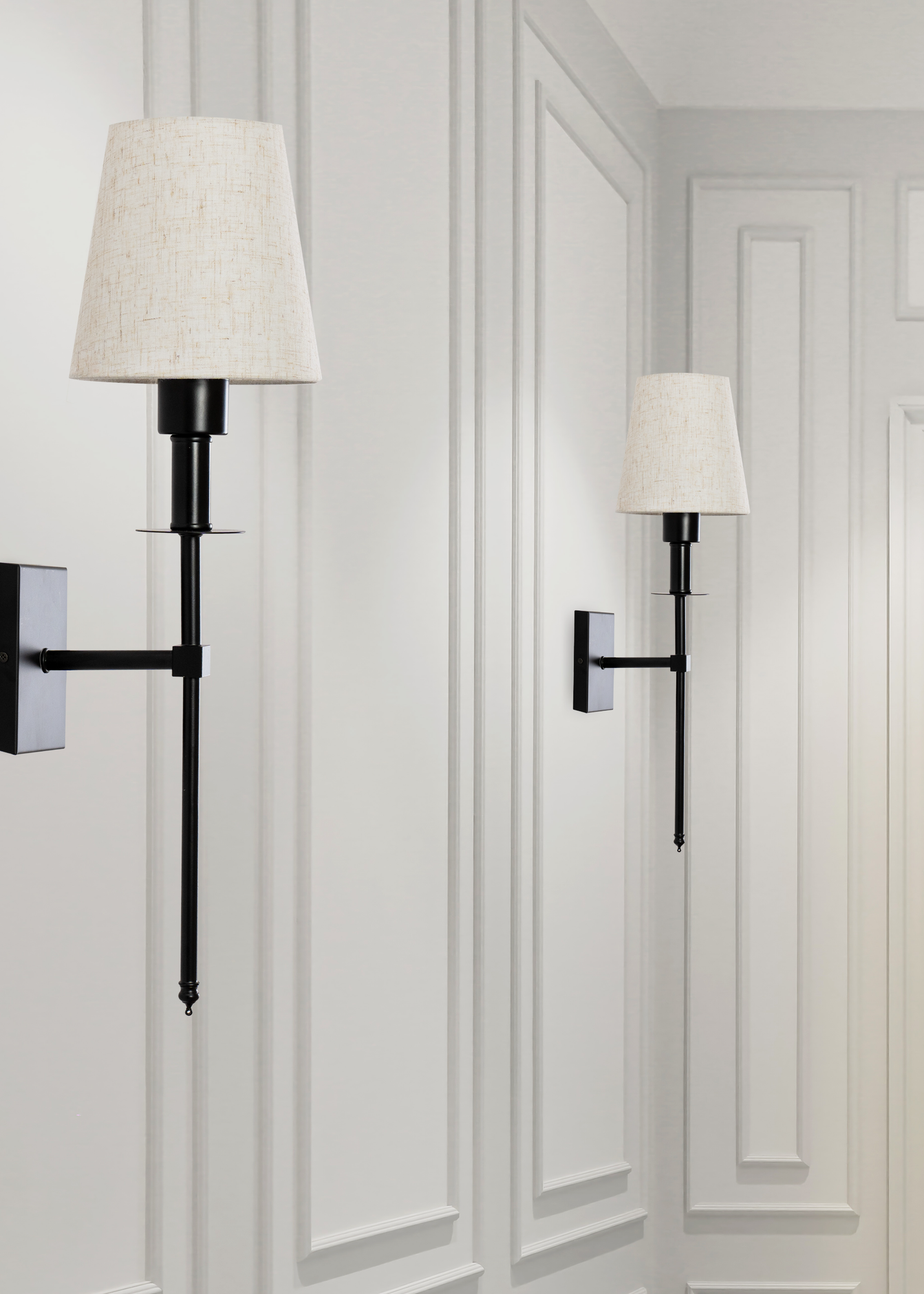 ValueLights Pair of Dimmable Black Wall Lights with Cream Shades Integrated LED (58cm x 19cm x 19cm)