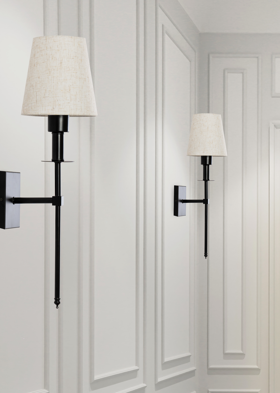 ValueLights Pair of Dimmable Black Wall Lights with Cream Shades Integrated LED (58cm x 19cm x 19cm)