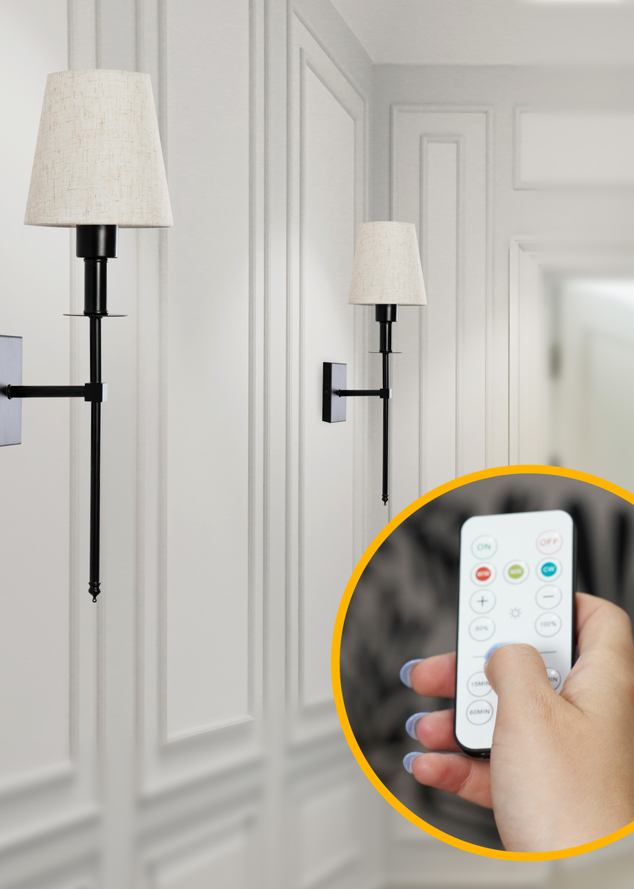 ValueLights Pair of Dimmable Black Wall Lights with Cream Shades Integrated LED (58cm x 19cm x 19cm)