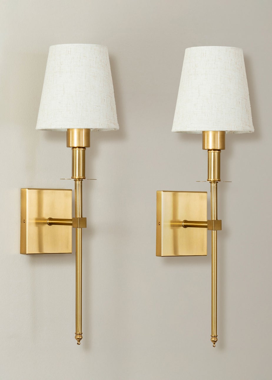 ValueLights Pair of Gold Wall Lights with Cream Shades Integrated LED (58cm x 19cm x 19cm)