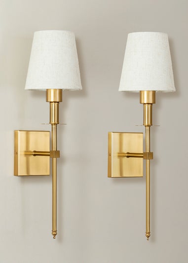 ValueLights Pair of Gold Wall Lights with Cream Shades Integrated LED (58cm x 19cm x 19cm)