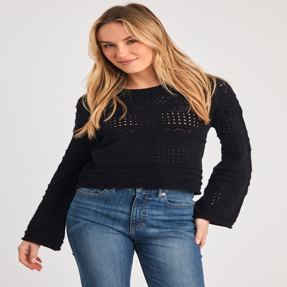 French Connection Black Crew Neck Long Sleeve Crochet Bobble Knit Jumper