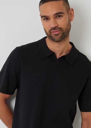 Threadbare Black Textured Front Short Sleeve Trophy Neck Knitted Polo