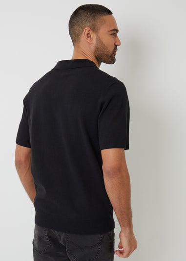 Threadbare Black Textured Front Short Sleeve Trophy Neck Knitted Polo