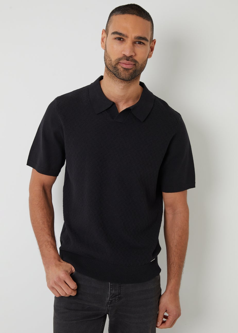 Threadbare Black Textured Front Short Sleeve Trophy Neck Knitted Polo