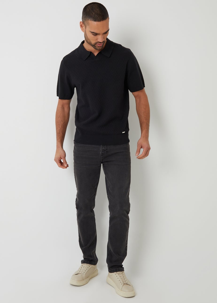 Threadbare Black Textured Front Short Sleeve Trophy Neck Knitted Polo