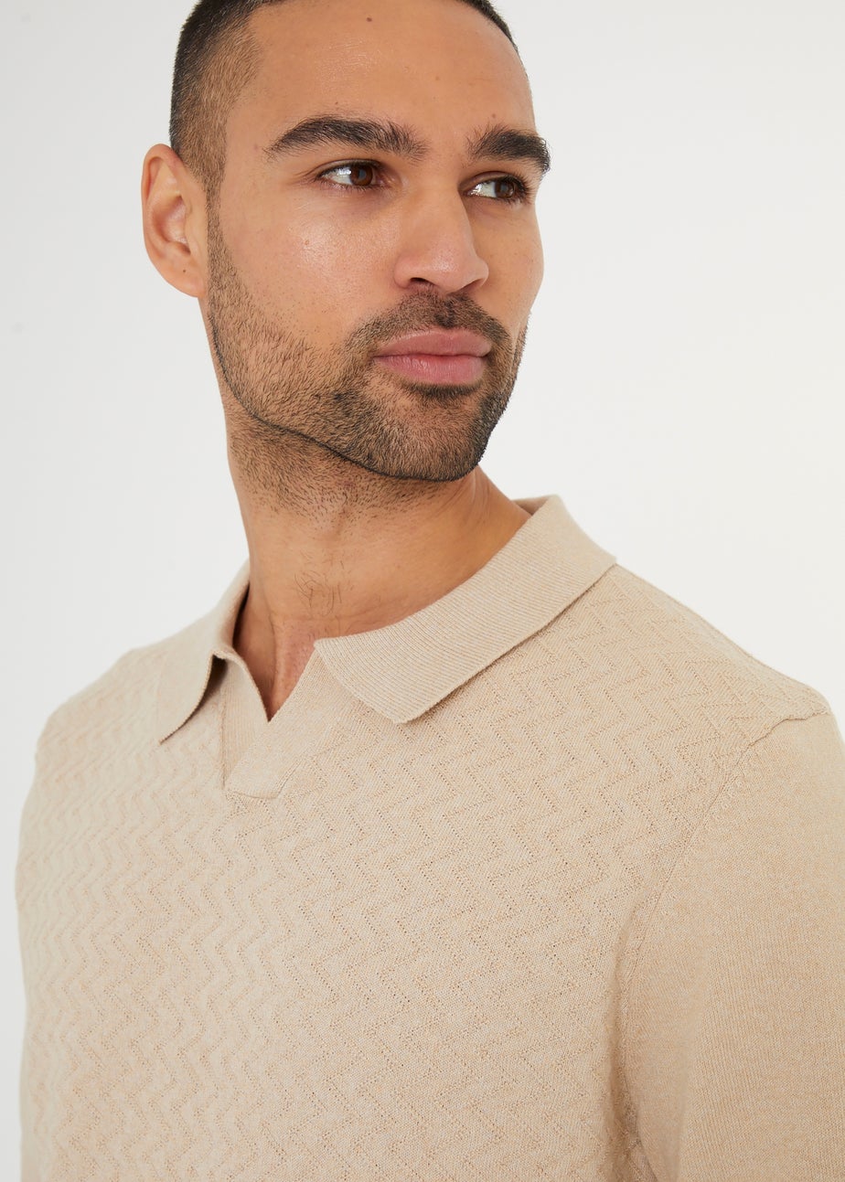 Threadbare Beige Textured Front Short Sleeve Trophy Neck Knitted Polo