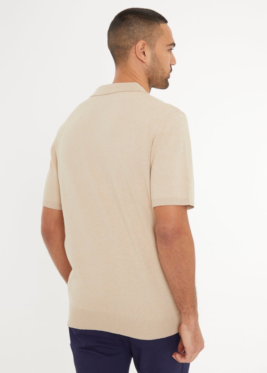 Threadbare Beige Textured Front Short Sleeve Trophy Neck Knitted Polo