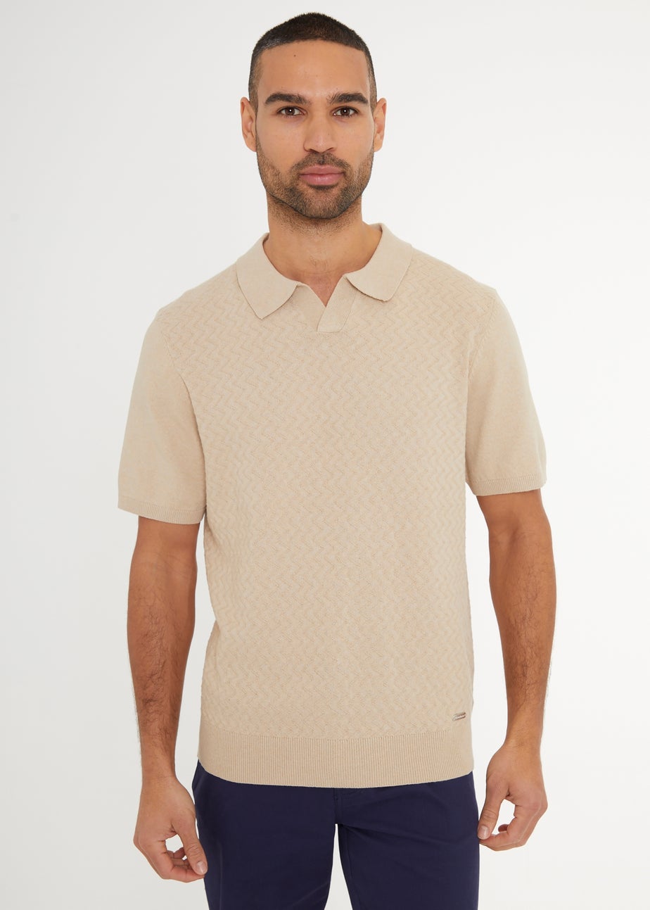 Threadbare Beige Textured Front Short Sleeve Trophy Neck Knitted Polo