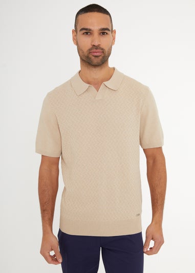 Threadbare Beige Textured Front Short Sleeve Trophy Neck Knitted Polo