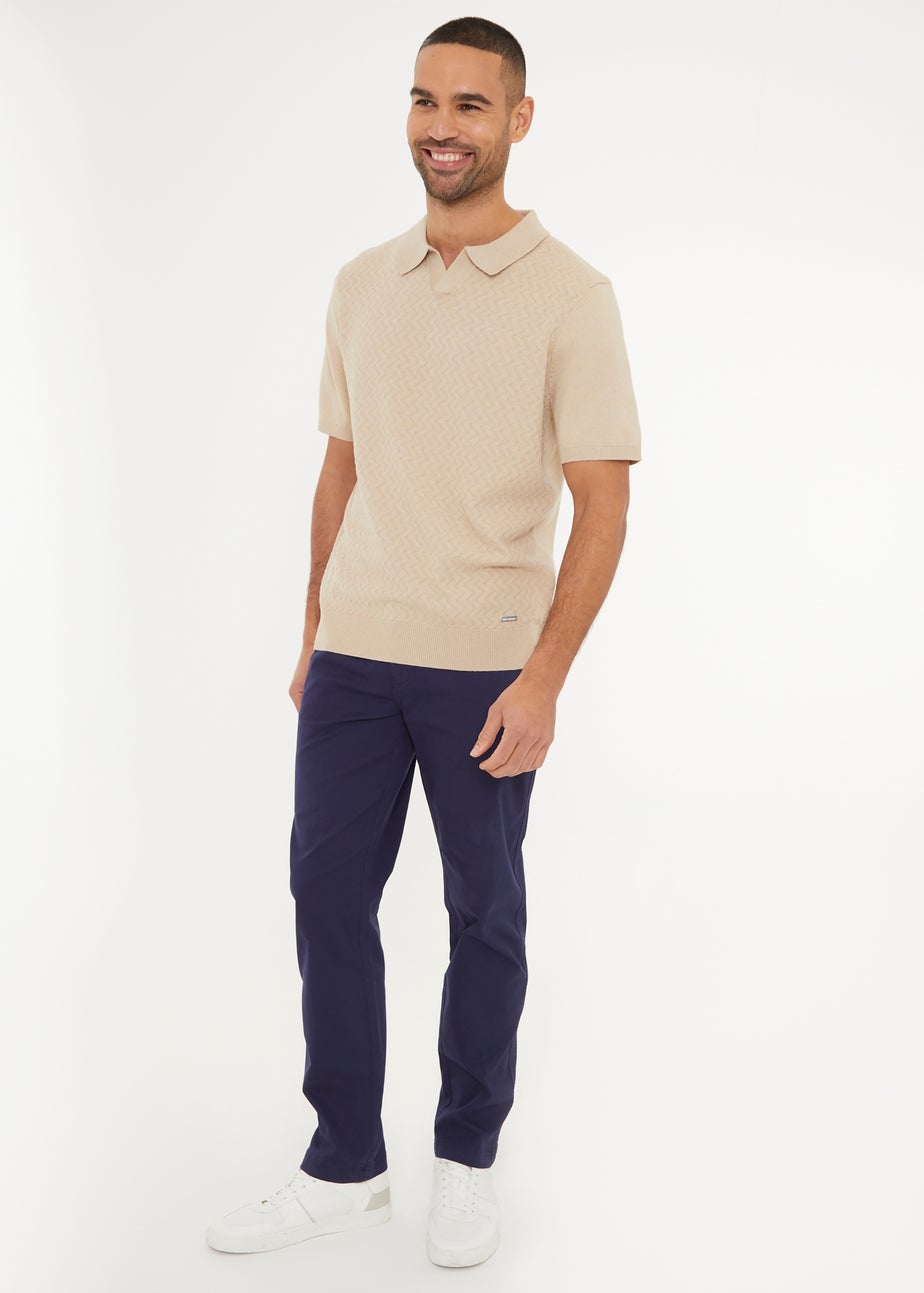 Threadbare Beige Textured Front Short Sleeve Trophy Neck Knitted Polo