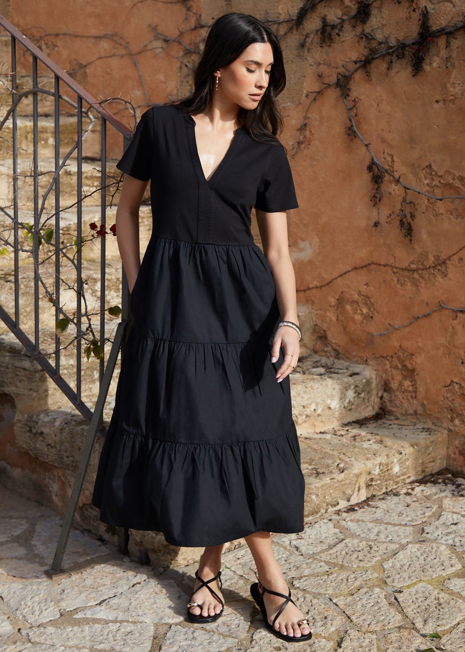 Threadbare Black Tiered Jersey Poplin Maxi Dress