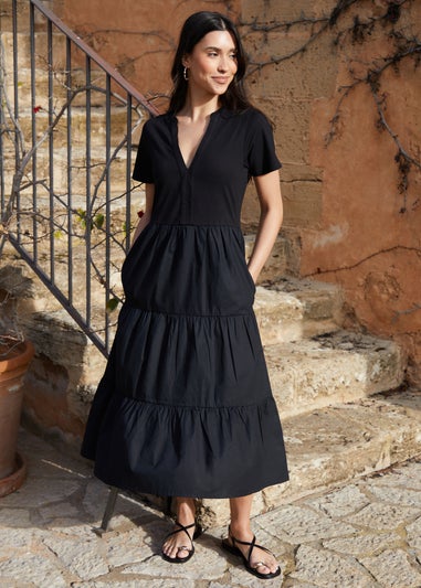 Threadbare Black Tiered Jersey Poplin Maxi Dress