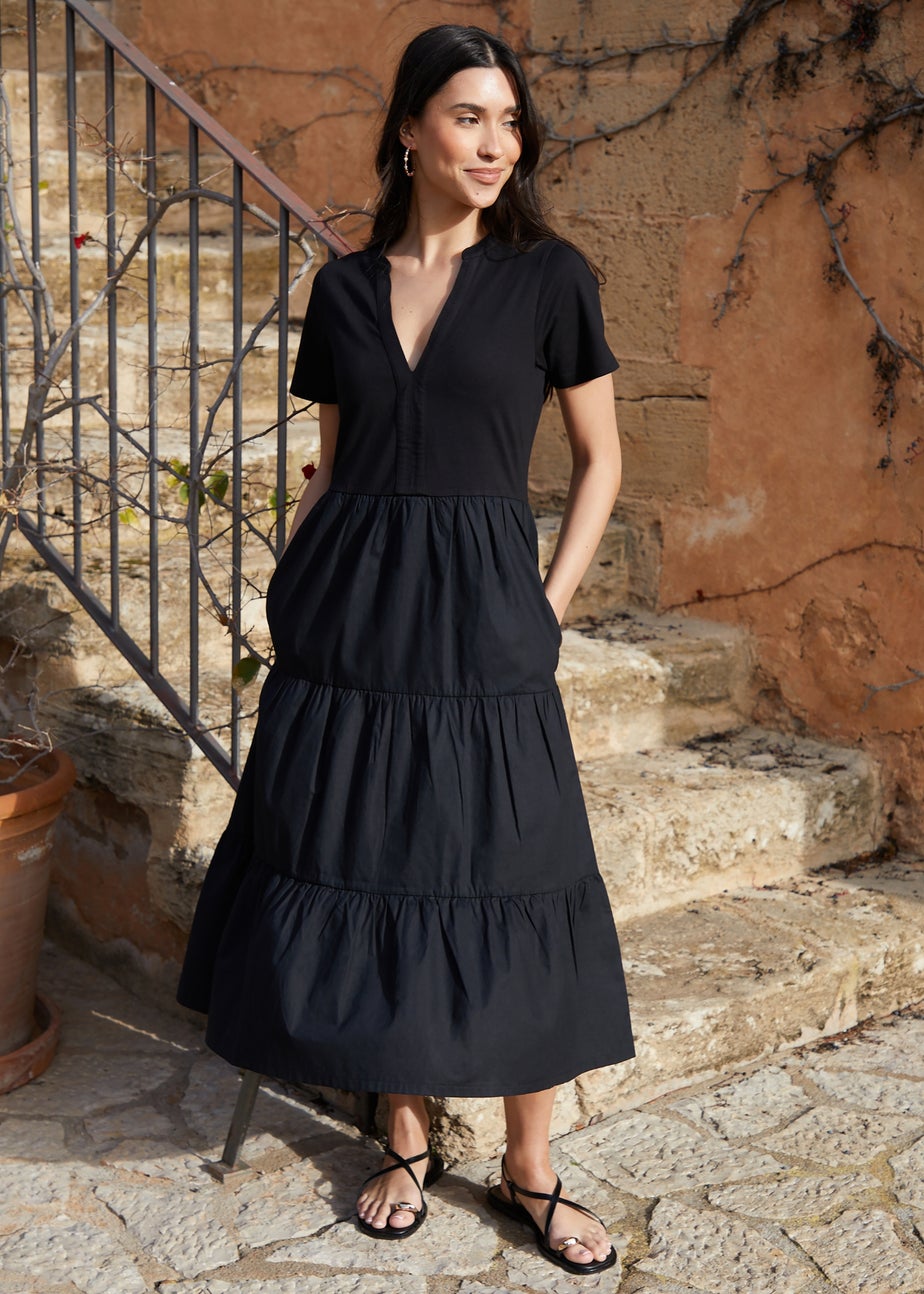 Threadbare Black Tiered Jersey Poplin Maxi Dress