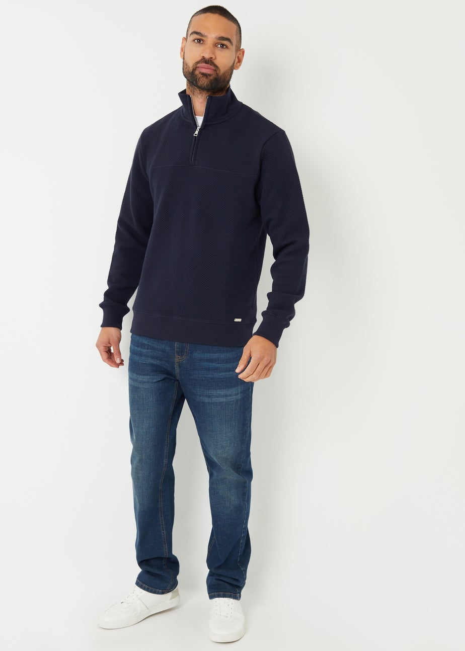 Threadbare Navy Textured Quarter Zip Sweatshirt