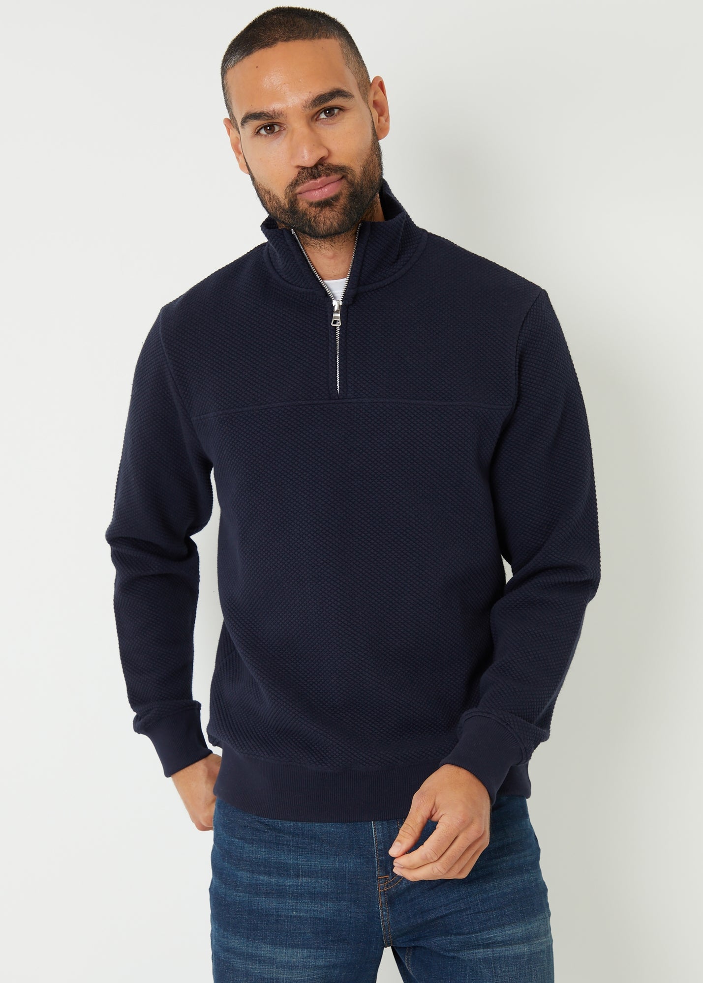 Threadbare Navy Textured Quarter Zip Sweatshirt - Matalan