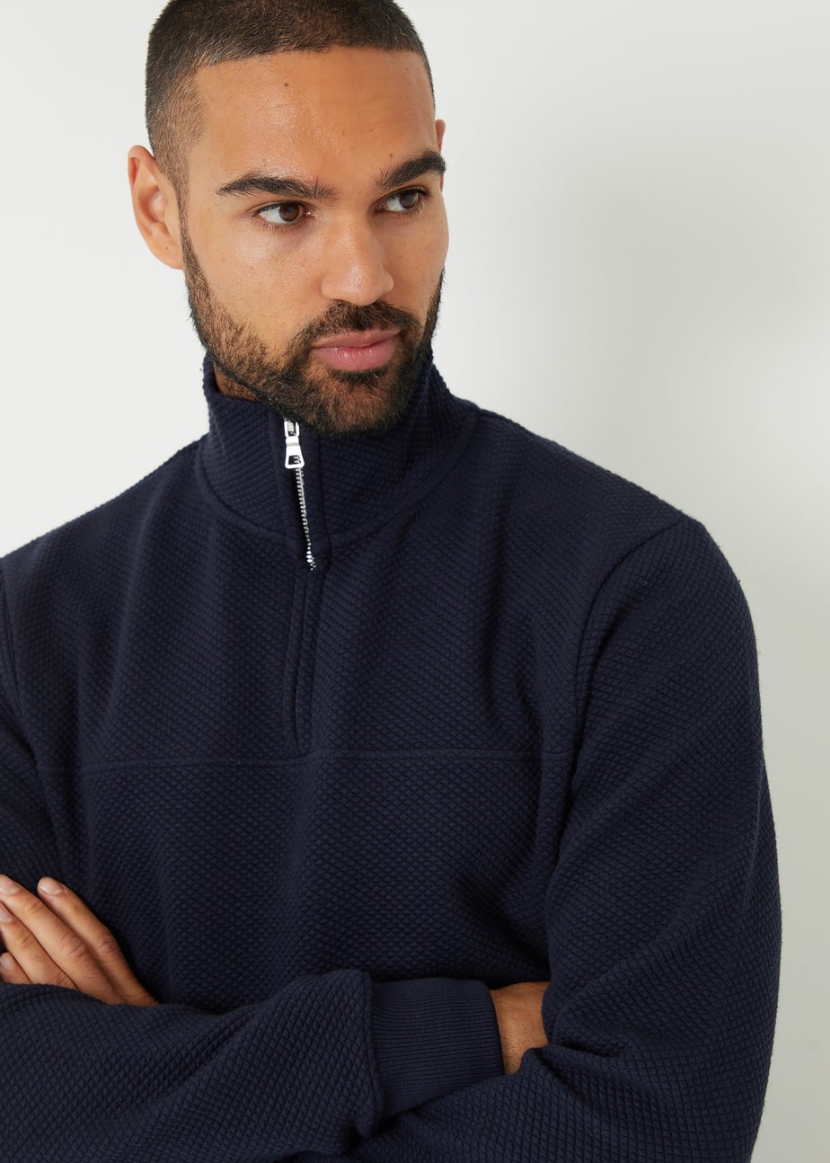 Threadbare Navy Textured Quarter Zip Sweatshirt