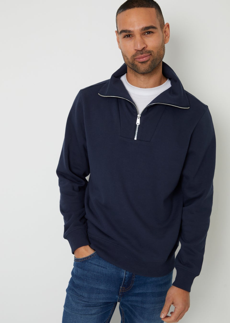Threadbare Navy Quarter Zip Funnel Neck Sweatshirt