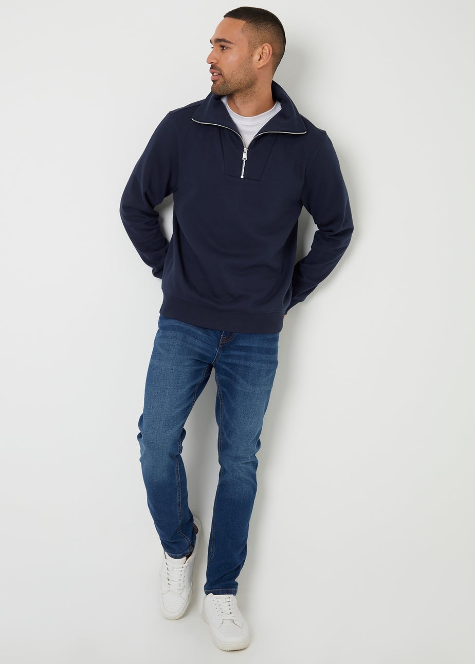 Threadbare Navy Quarter Zip Funnel Neck Sweatshirt